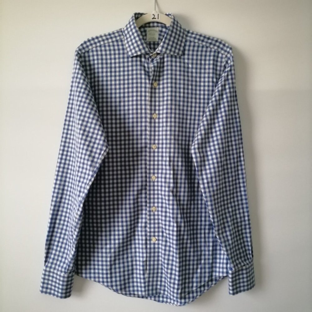 Brooks Brothers Mens Blue Long Sleeve Collared Button Up Checked Shirt Size 15